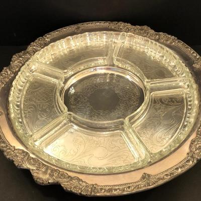 LOT 219M: Sheridan Silver Plated Serving Dish w/ Glass Inserts, HSCEP Crumb Trays& Silver Plate Serving Utensil Collection