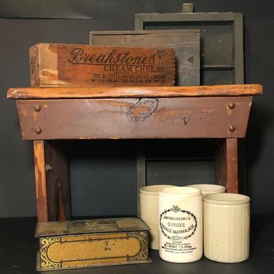 LOT 224M: Vintage Wooden Bench, Breakstone's Cream Cheese Box, James Keiller & Son Ltd. Dundee Orange Marmalade Jar, Ceramic Jam Style...