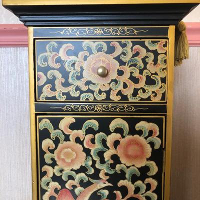 LOT 3M:  Wood Cabinet in Black & Gold with a Floral & Bird Motif