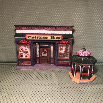 LOT 37M: Lemax Village Collection Victorian Gazebo & Memory Makers Collection Christmas Shop Model 77058
