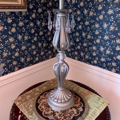 LOT 59R: Round Pedestal Table & Tall Silver Tone Lamp