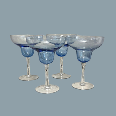 4 Clear & Blue Glass Margarita Glasses