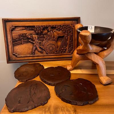 Lot Unique Carved Wood Decorative Pieces - bowl, coasters, vintage art