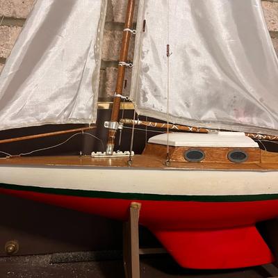 Large Vintage Wooden Ship Sailboat with Stand