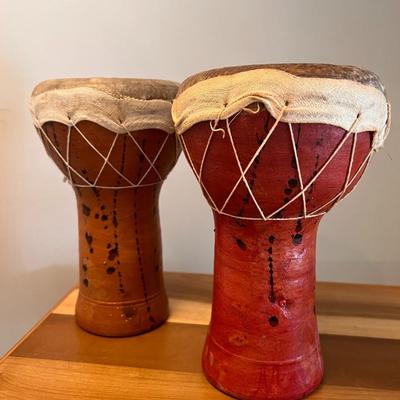 2 Vintage Painted Ceramic and Hide Drums