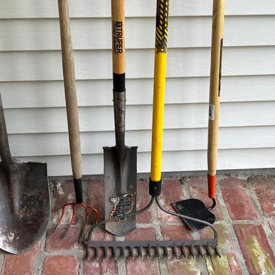 Seven (7) Assorted Shovels, Rakes & Hoeâ€™s