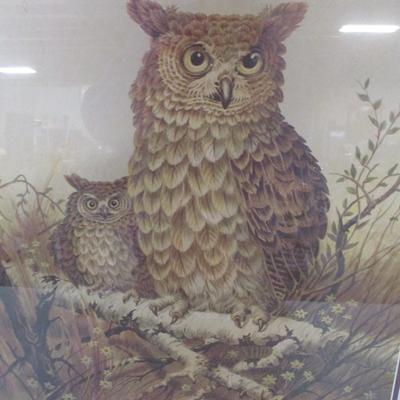 Vintage Large And Small Owl Picture - Signed Bradley