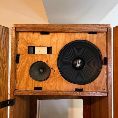 MCM Brutalist Wood Audio Stereo Cabinet Outfitted with Speakers