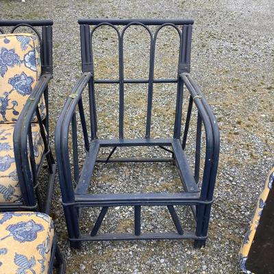 236 Vintage Navy Blue Ratan Arm Chairs & Ottoman with Floral Cushions