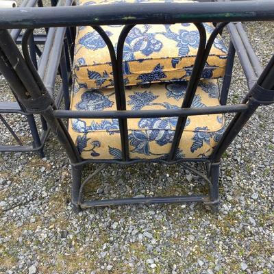 236 Vintage Navy Blue Ratan Arm Chairs & Ottoman with Floral Cushions