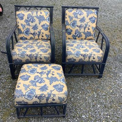 236 Vintage Navy Blue Ratan Arm Chairs & Ottoman with Floral Cushions