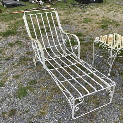 237 Antique Metal Patio Chaise Lounge Chair with Blue Striped Cushions