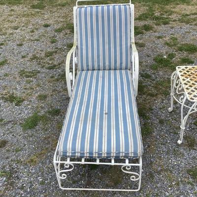 237 Antique Metal Patio Chaise Lounge Chair with Blue Striped Cushions