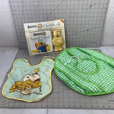 #105 Bear's Clothbook and Toy, Snoopy Bib and Misc.
