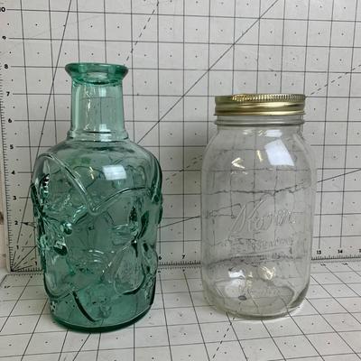 #343 Green Glass Jar and Mason Jar