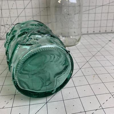 #343 Green Glass Jar and Mason Jar