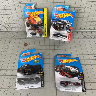 #386 Four Hot Wheels: Off Road, '10 Camaro 55, '76 Greenwood Corvette and Batmobile 