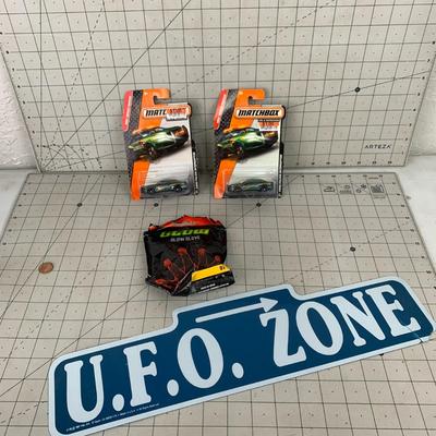#388 Matchbox Cars, Glow Glove and U.F.O Zone Sign