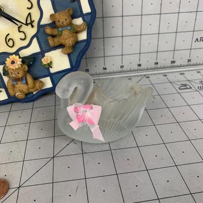 #438 Glass Swan, Teddy Clock and Bell
