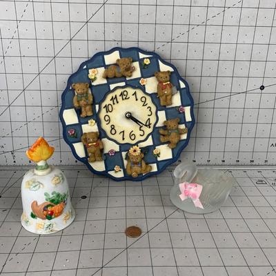#438 Glass Swan, Teddy Clock and Bell