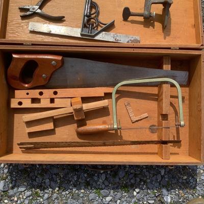 256 Vintage Wood Tool Box with Tools