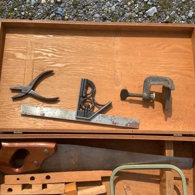 256 Vintage Wood Tool Box with Tools