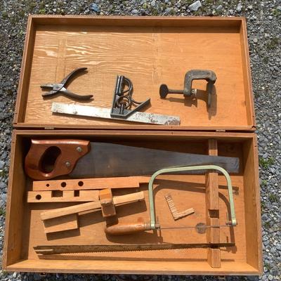 256 Vintage Wood Tool Box with Tools