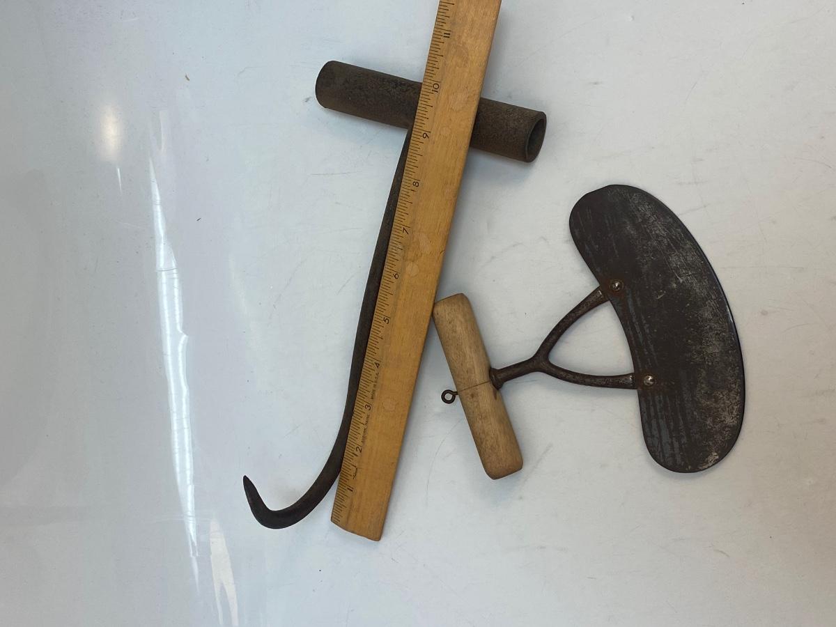 Vintage Antique Metal Hay Meat Hook and Handheld Mincer Ulu Knife