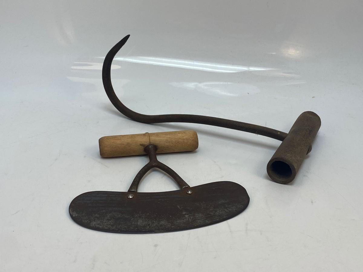 Vintage Antique Metal Hay Meat Hook and Handheld Mincer Ulu Knife