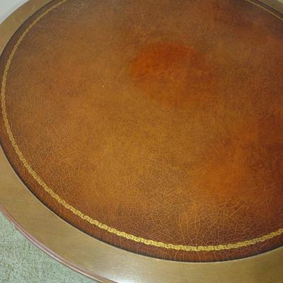 Wood Finish Drum Table with Leather Inlaid Top