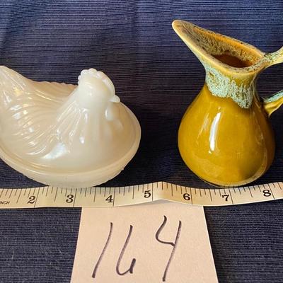 Anchor Hocking Hen on Nest and Vintage Miniature Pitcher