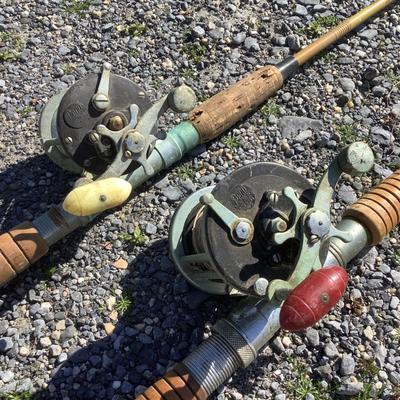 279 Vintage Hand Carved Fishing Poles with Penn Fly Wheels