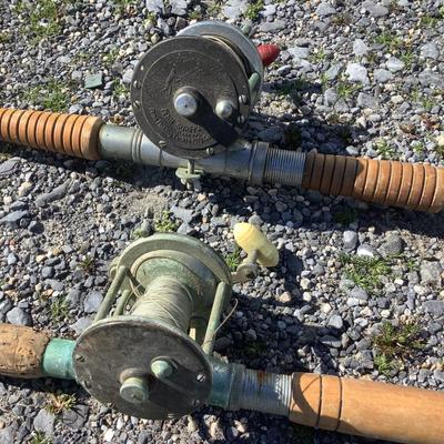 279 Vintage Hand Carved Fishing Poles with Penn Fly Wheels