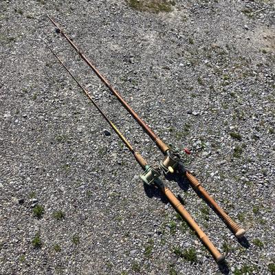 279 Vintage Hand Carved Fishing Poles with Penn Fly Wheels