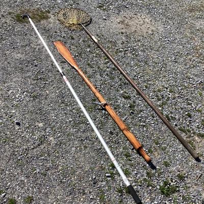 283 Lot with Extendable Boat Hook, Vintage Oar & Crab Net