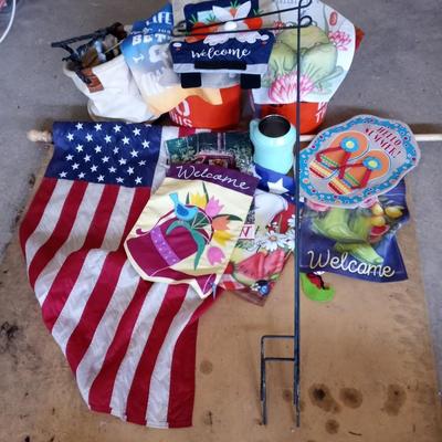 YARD FLAGS WITH TWO METAL HOLDERS AND AMERICAN FLAG