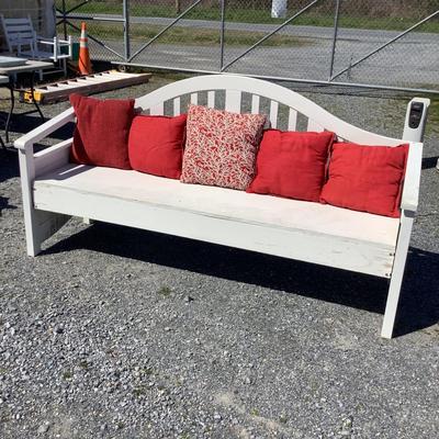 312 Large Outdoor Wood Bench with Red Throw Pillows