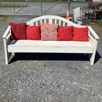 312 Large Outdoor Wood Bench with Red Throw Pillows