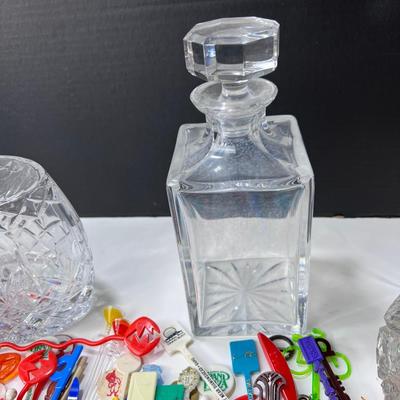 3 shapes Cut Crystal Decanters and large collection of plastic Swizle stir sticks