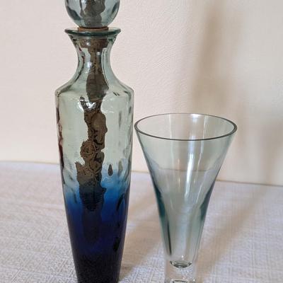 Blue Glass Decanter and Vase