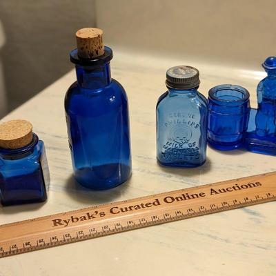 Lot of Vintage Cobalt Blue Bottles and Toothpick Holder
