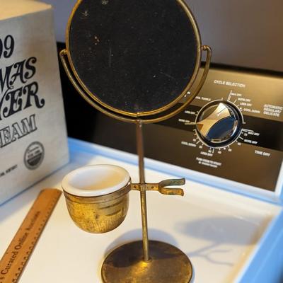 Antique Brass Shaving Stand, Mirror w/ Milk Glass Cup