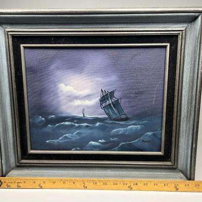 Vintage Amateur Artist Framed Nautical Dark Sea Sail Ship Scene Oil Painting