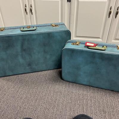 Pair of Vintage GS Stylite Blue Leather Luggage Matching Travel Suitcases