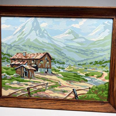 Vintage Paint by Number Framed Art Mountain Rural Scenery