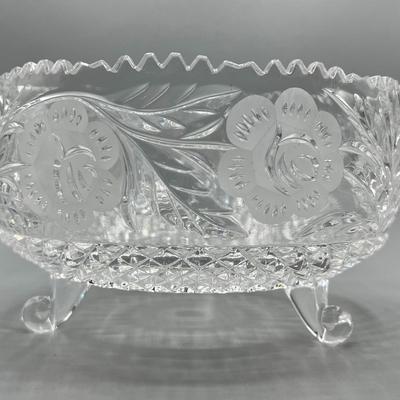 Vintage Flower Cut Pattern Footed Crystal Glass Dish Bowl