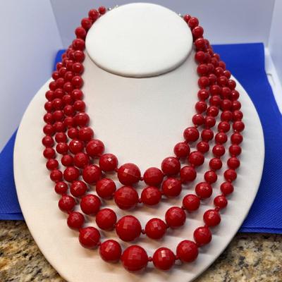 VINTAGE 1950â€™S 4 STRAND RED BEAD LAYERED NECKLACE 