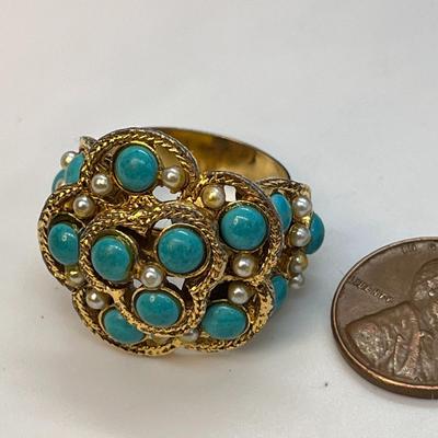 FANCY FAUX TURQUOISE, PEARL GOLD TONE RING
