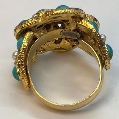 FANCY FAUX TURQUOISE, PEARL GOLD TONE RING