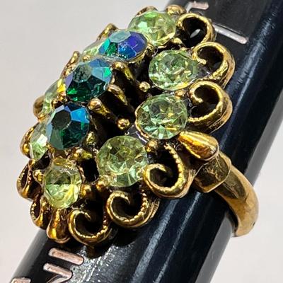 2-TONE GREEN RHINESTONE RING 